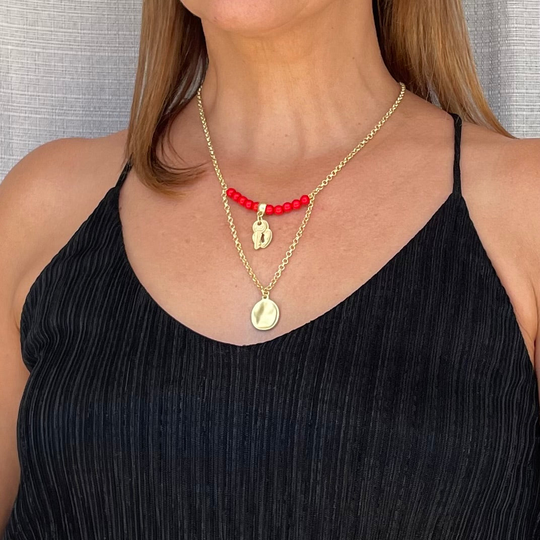 Two Layer Gold Necklace With Red, key and Heart