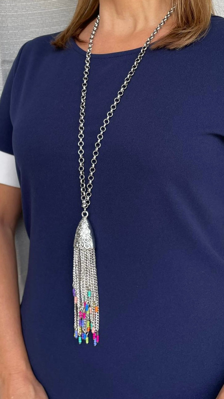 Silver Mix Colors Tassel Necklace