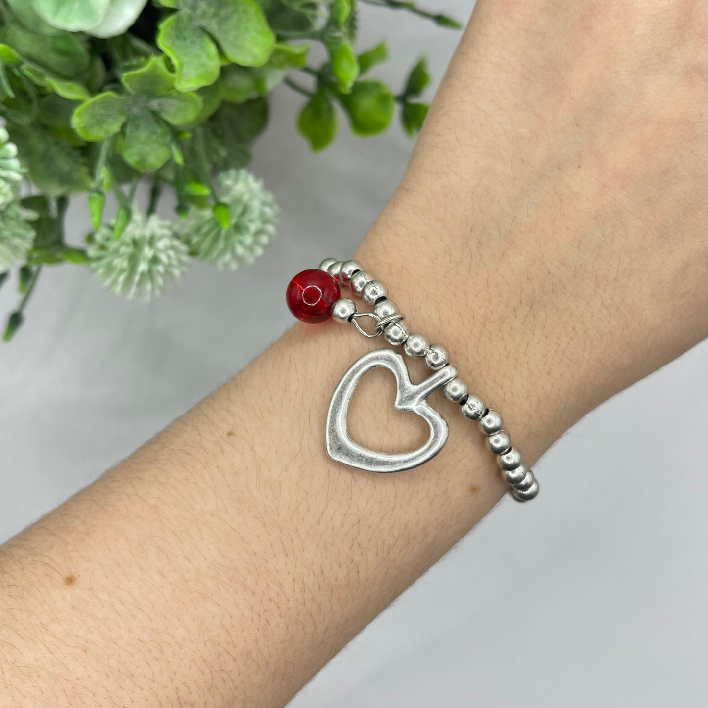 Heart Red Silver Matte Bracelet