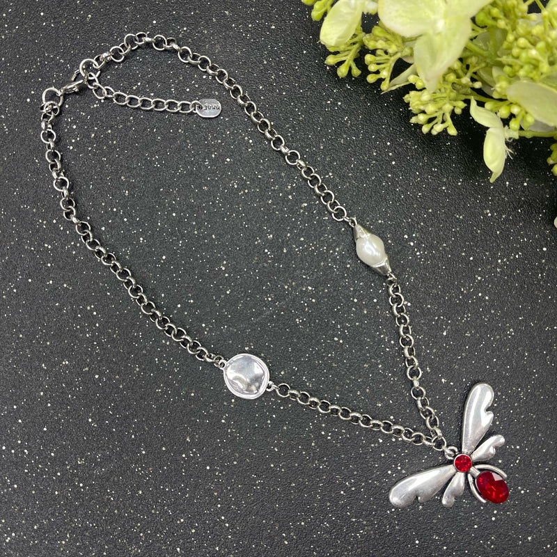 Dragonfly With Stone Red And Pearl Silver Necklace