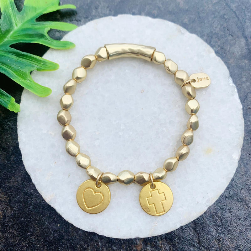 Gold Heart & Cross Pendant Bracelet