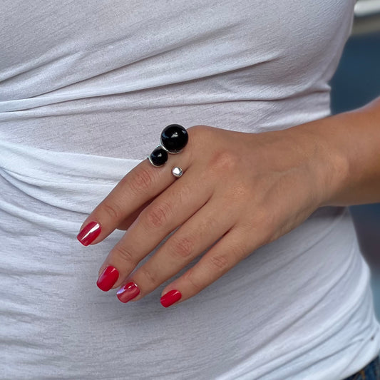 Silver Ring With Two Black Balls