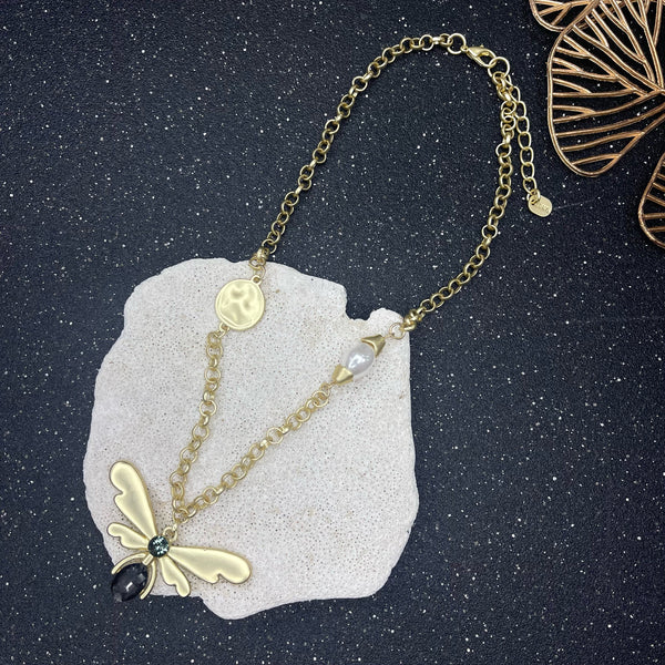 Dragonfly With Stone and Pearl Gold Necklace