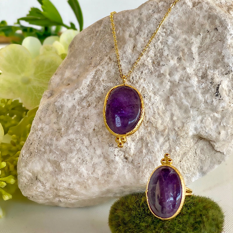 Amethyst Stone Necklace Ring Set