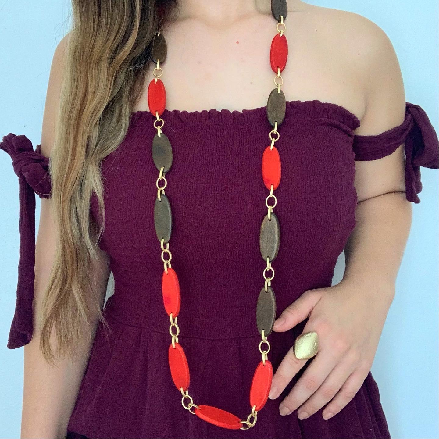 Oval Red Wood Necklace Ring Set