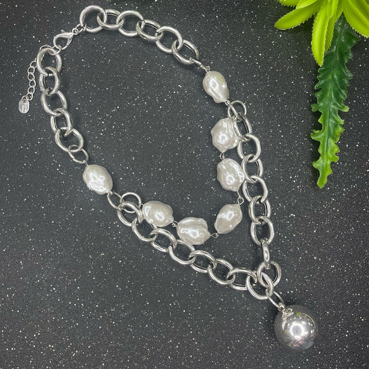 2 Layer Big Ball With Pearls Silver