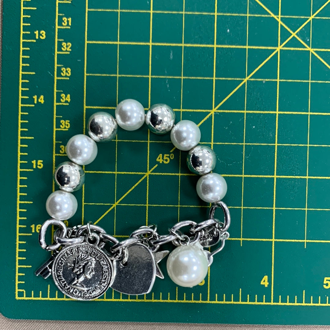 Pearl & Heart With Mix Charms Silver Bracelet