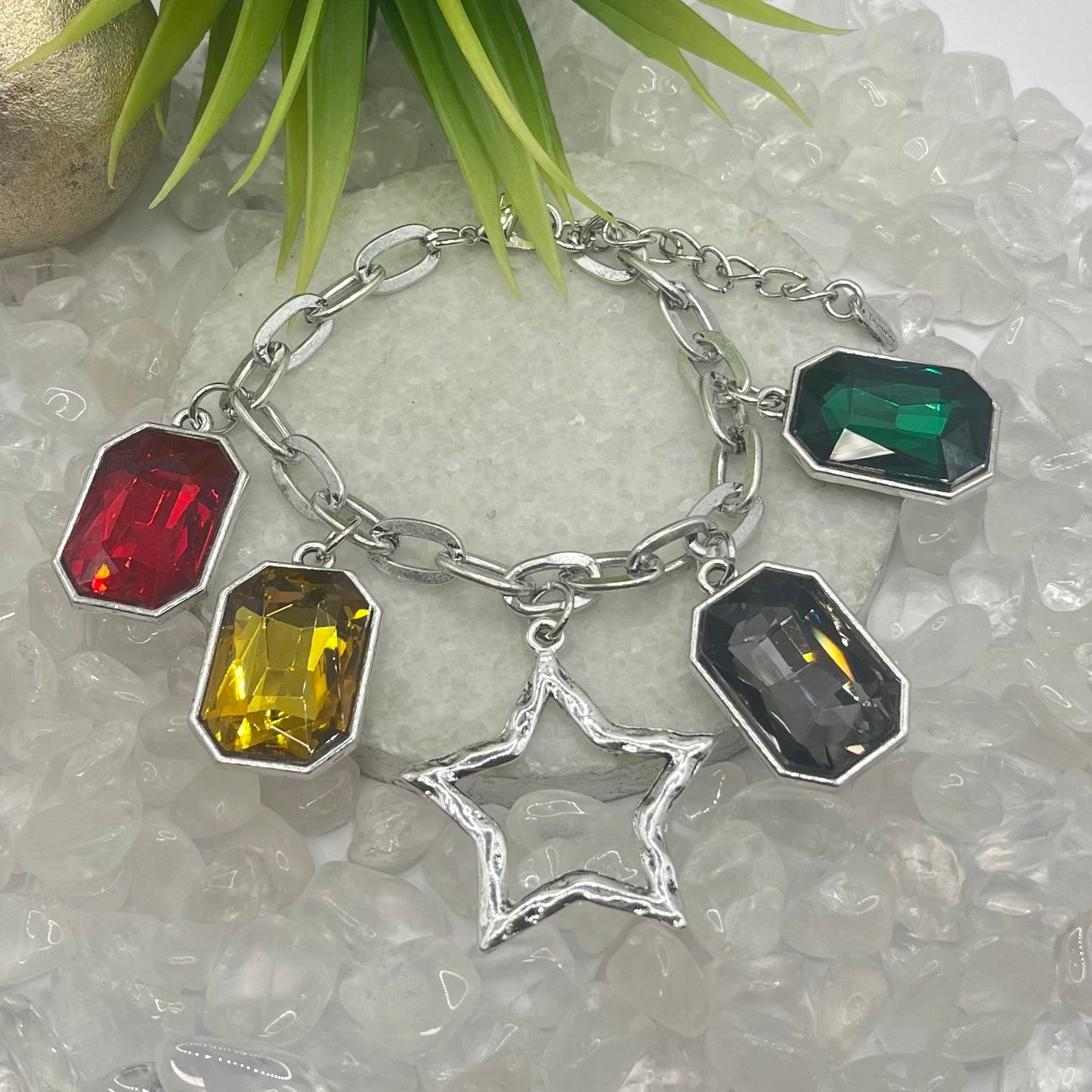 Star And Colosrs Stone Silver Bracelet