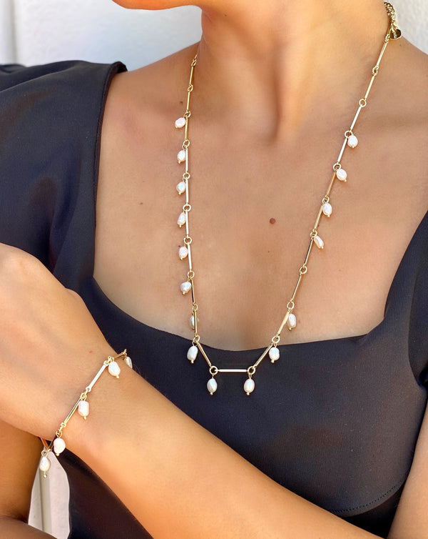 Long Stick With Pearl Necklace Bracelet Set