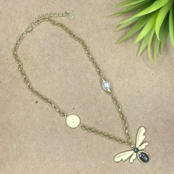 Dragonfly With Stone and Pearl Gold Necklace