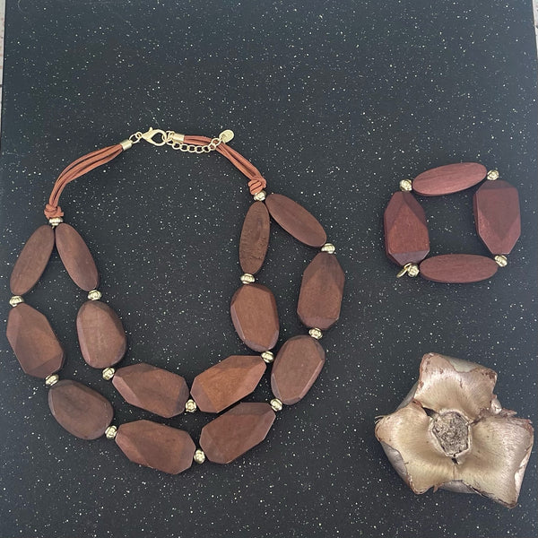 Set of 2 Pieces Brown Wood Ovals Necklace and Bracelet