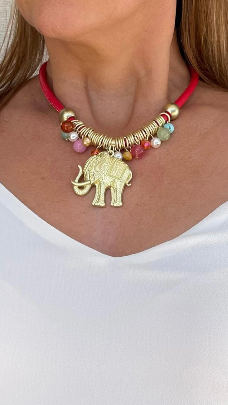 Red Cord Gold Elephant Necklace