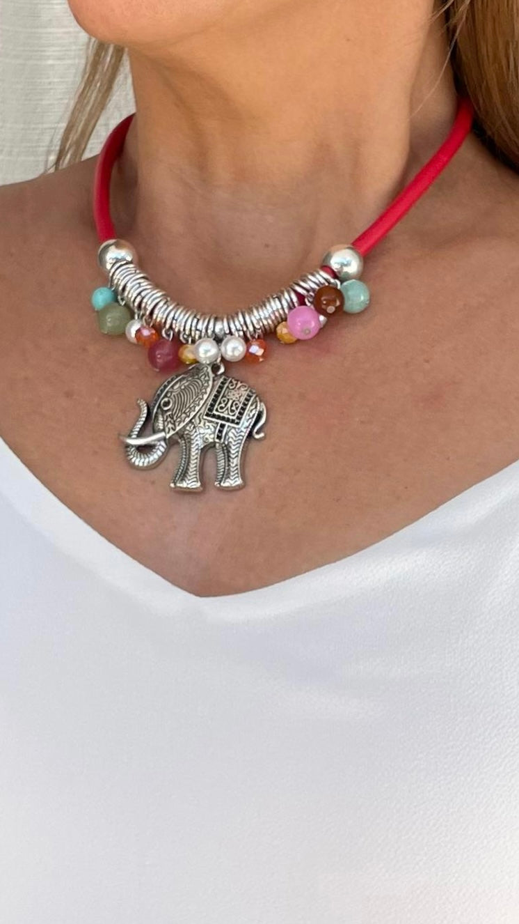 Red Cord Silver Elephant Necklace