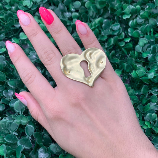 Gold Heart Lock Chain Ring