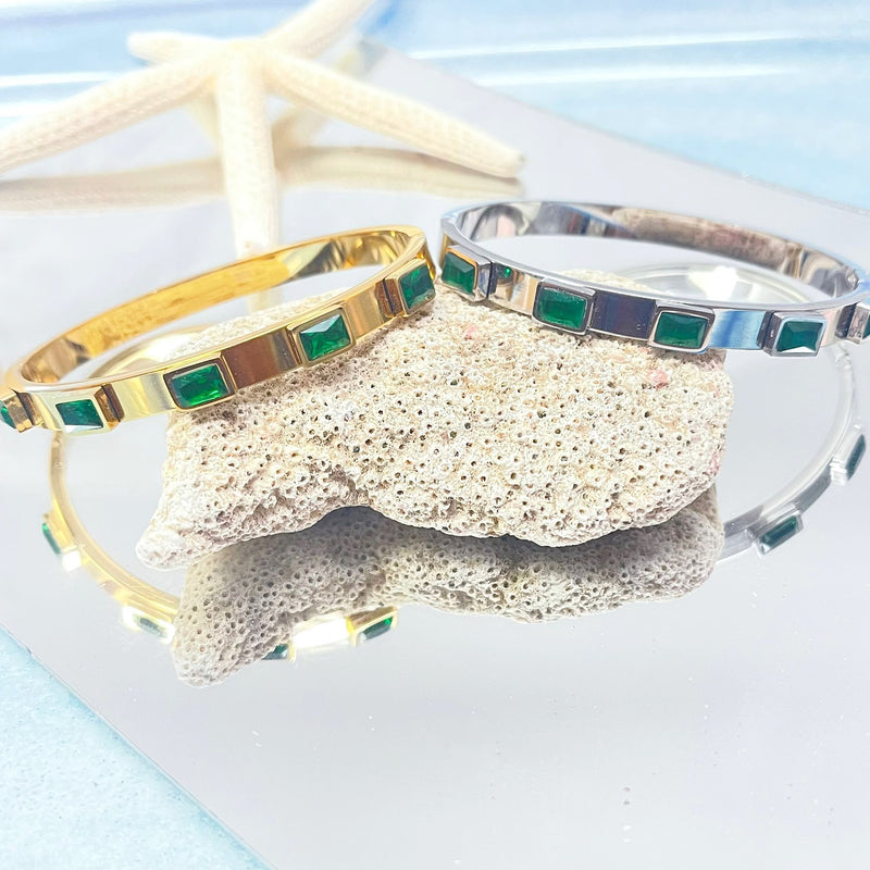 Green Crystal Silver Bangle