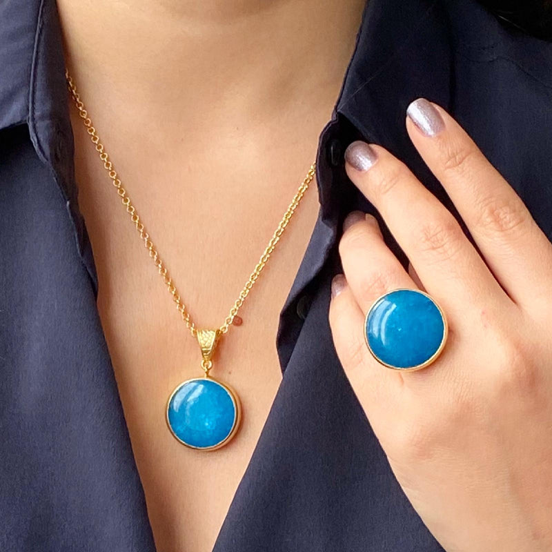 Round Blue Ring Necklace 2 Pcs Set