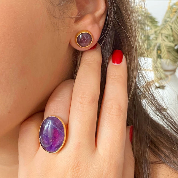 Amethyst Ring With Stud Earring Set