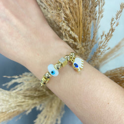 Elephant White Evil Eye Charm Gold Bangle