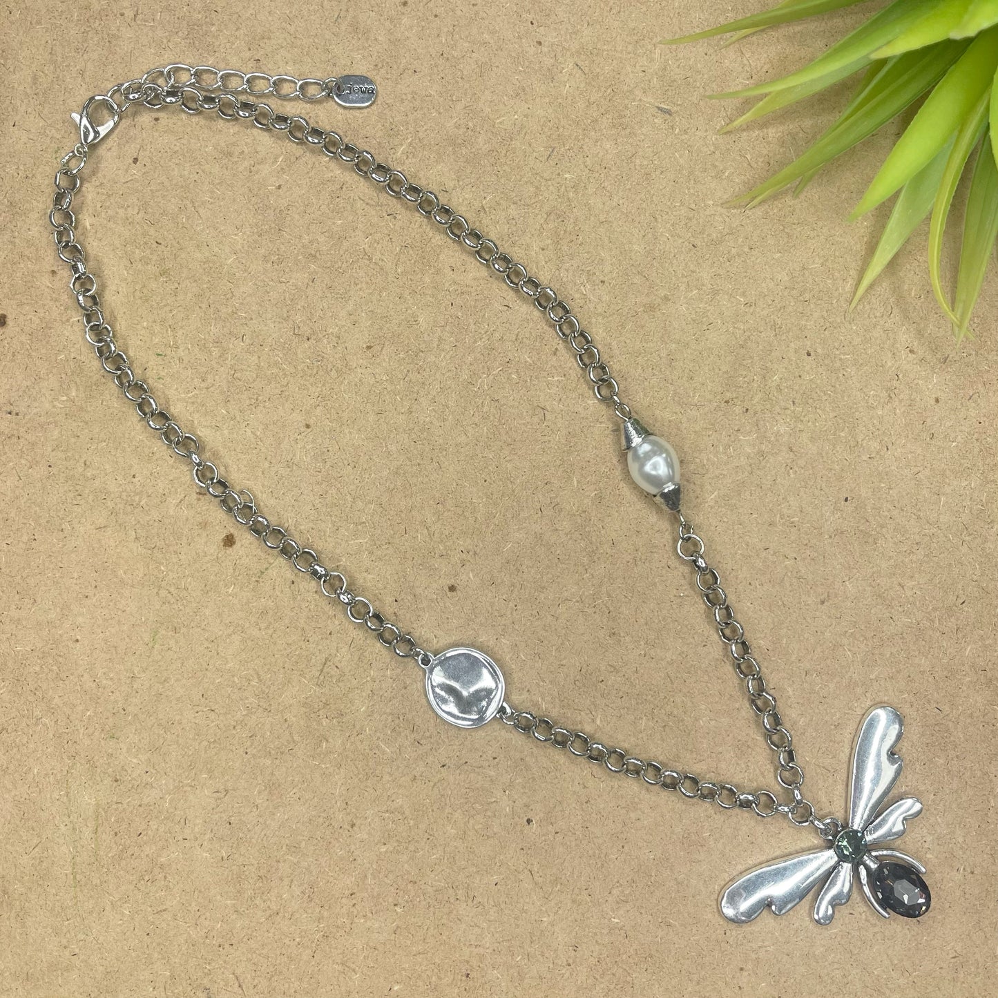 Dragonfly With Stone and Pearl Silver Necklace