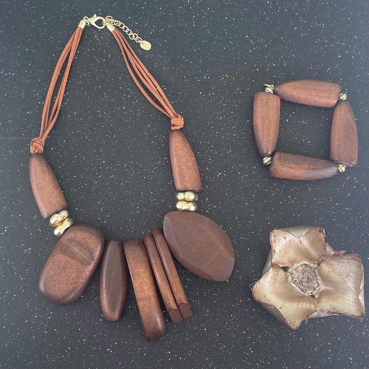 Set of 2 Pieces Brown Wood Necklace and Bracelet