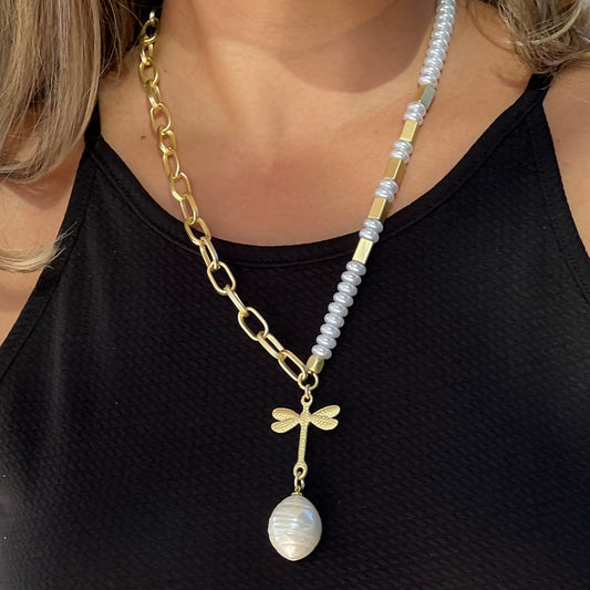 Dragonfly With Big Pearl Gold Necklace