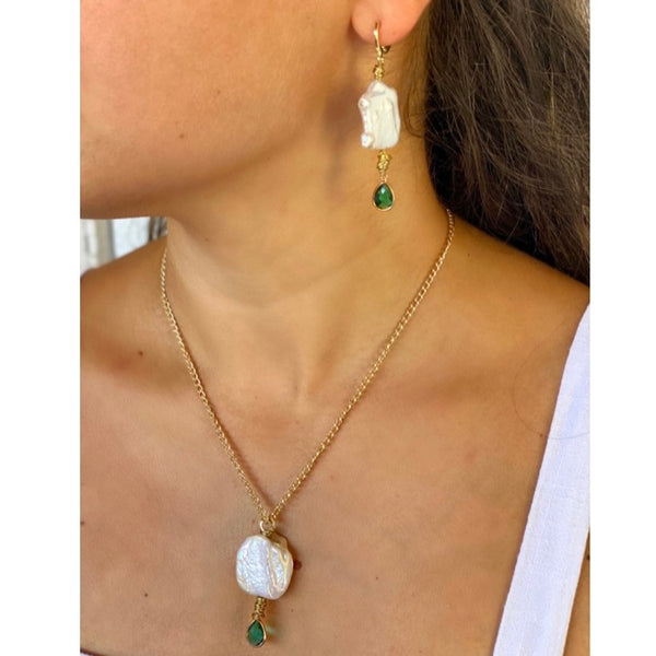 Green Quartz With Pearl Necklace Earring Set