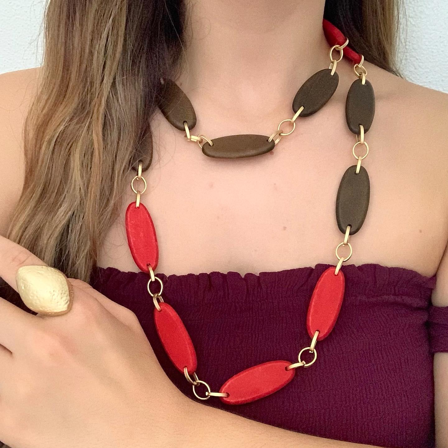 Oval Red Wood Necklace Ring Set