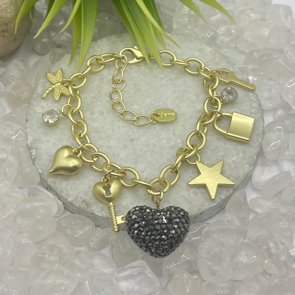 Charms With Zirconia Heart Gold Bracelet