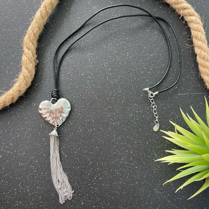 Silver Heart Necklace with Fringes