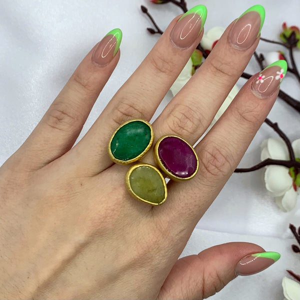 3 Stones Ring Green, Yellow and Fuchsia