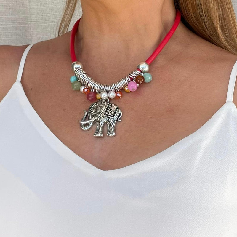 Red Cord Silver Elephant Necklace