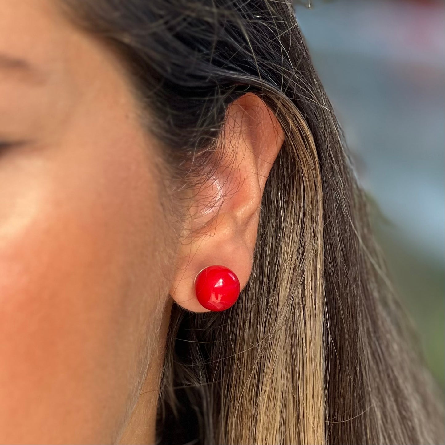 Silver Red Ball Earring