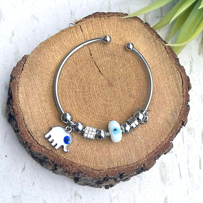 Elephant White Evil Eye Charm Silver Bangle