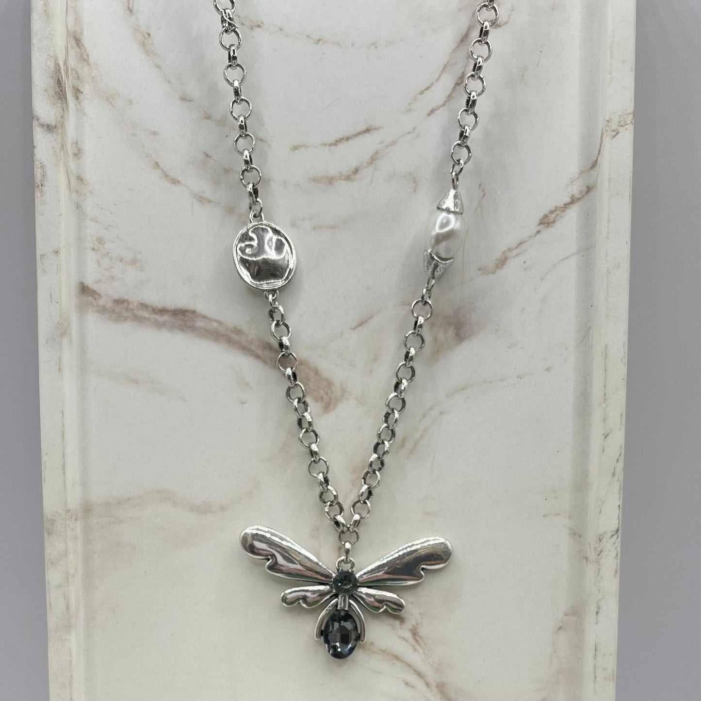 Dragonfly With Stone and Pearl Silver Necklace