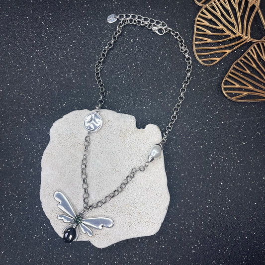 Dragonfly With Stone and Pearl Silver Necklace