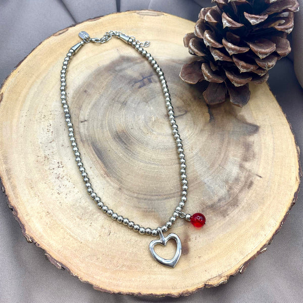 Heart Red Stone Silver Necklace