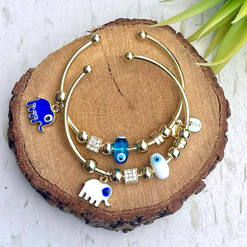 Elephant White Evil Eye Charm Gold Bangle