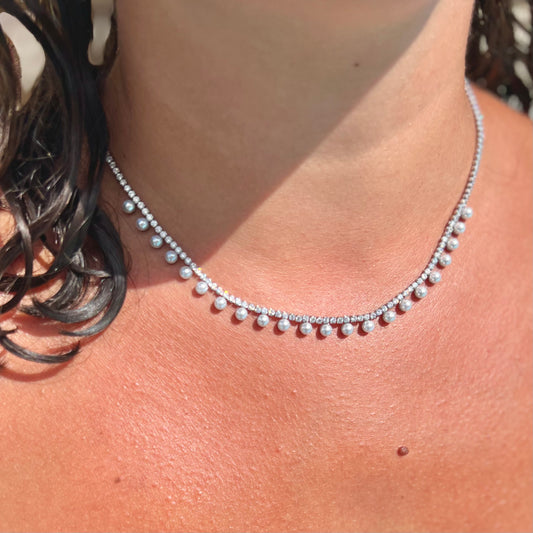 Multi Pearl Crystal Silver Necklace