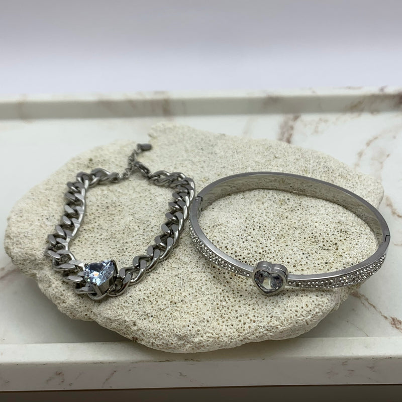 Crystal Heart Silver Bangle