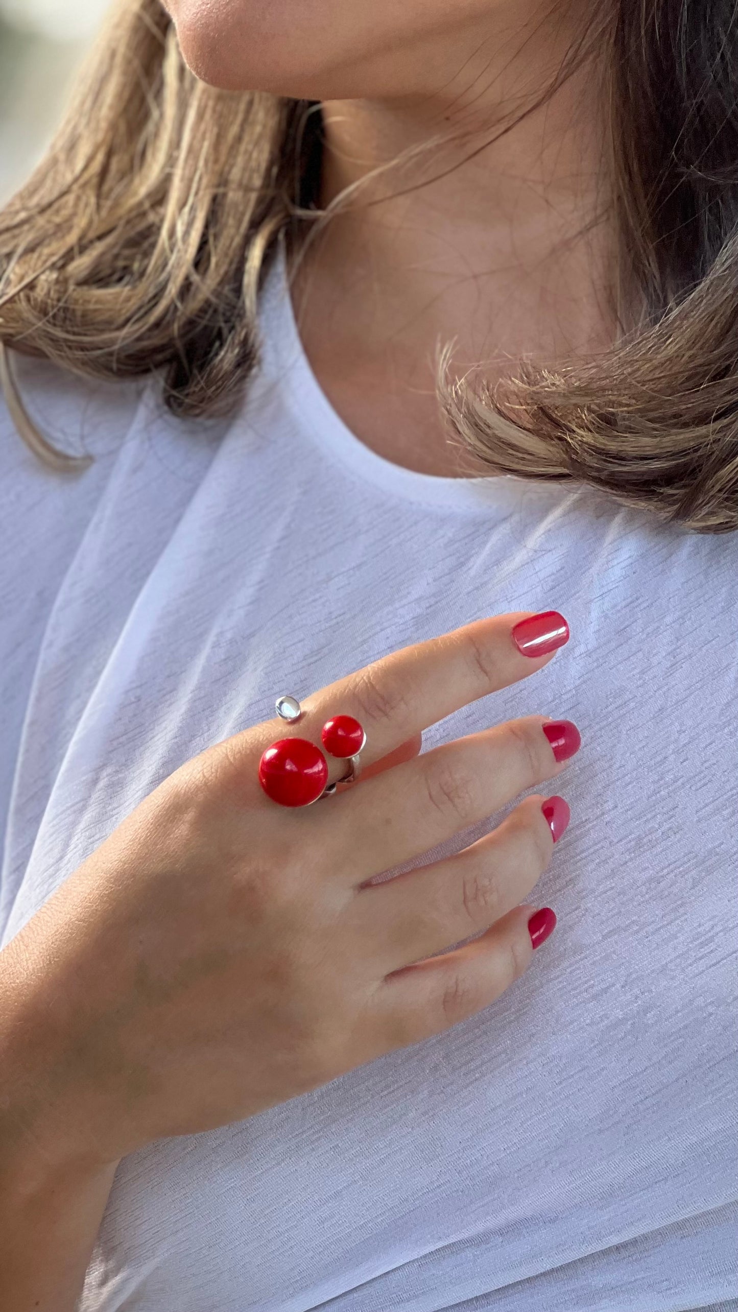 Silver Ring With Two Red Balls