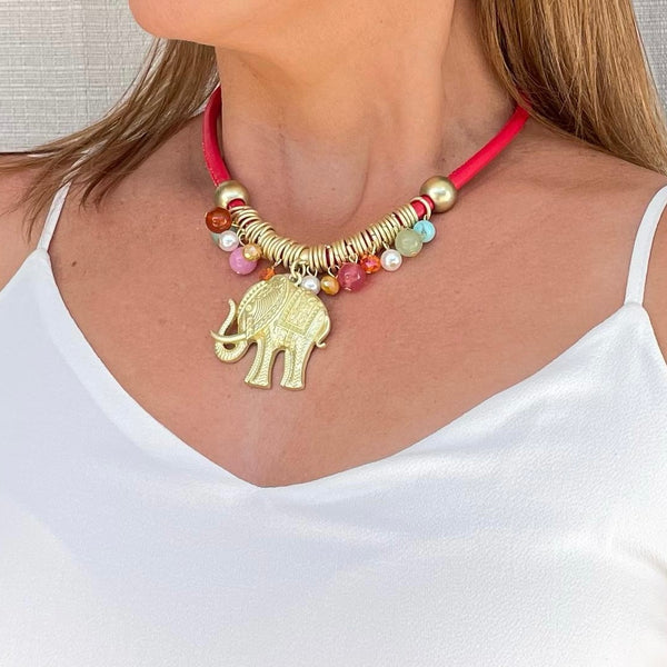 Red Cord Gold Elephant Necklace