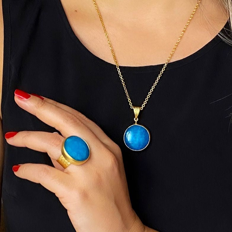 Blue Round Stone Necklace&Ring Set