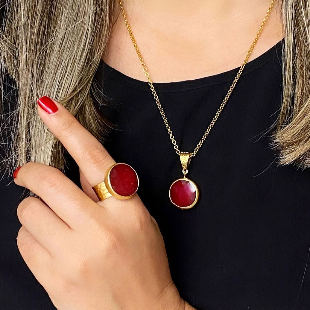 Burgundy Round Stone Necklace&Ring Set