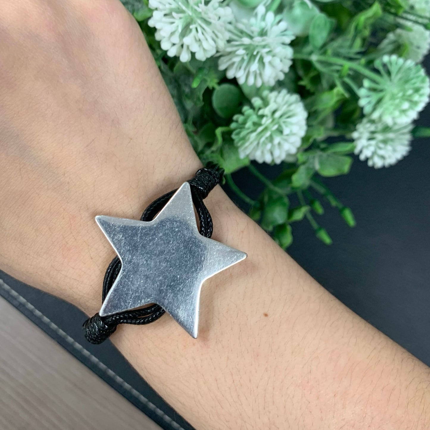 Black Cord Silver Star Bracelet