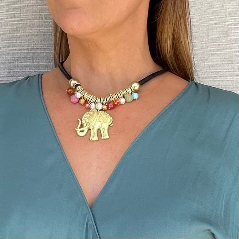 Black Cord Gold Elephant Necklace