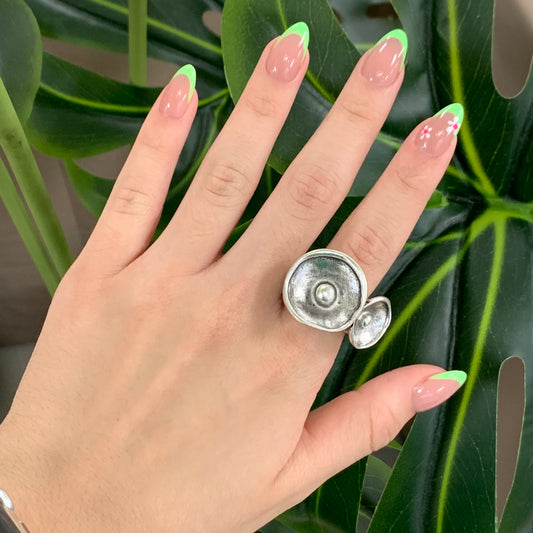 Silver Ring With Two Flowers