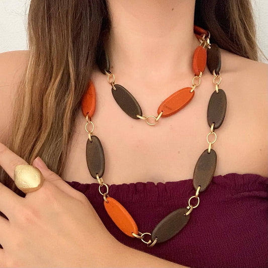 Oval Orange Wood Necklace Ring Set