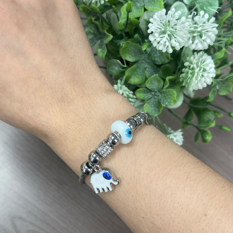 Elephant White Evil Eye Charm Silver Bangle