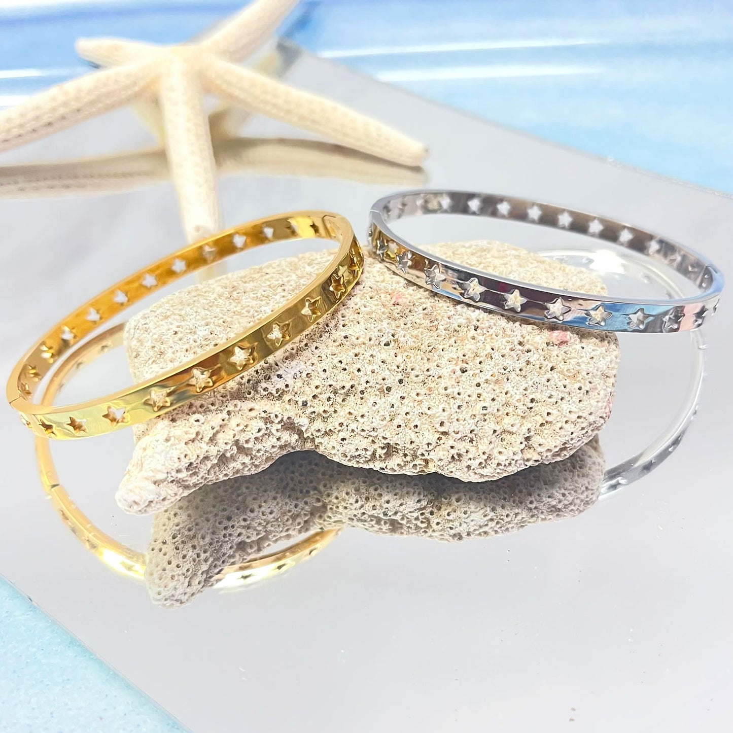 Star Pattern Thin Silver Bangle